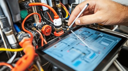 Obraz premium A man is using a tablet to look at a diagram of a machine