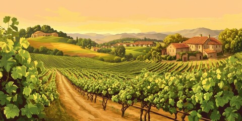 Fototapeta premium Vineyard landscape with stone houses and a dirt path.