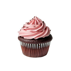 Sweet Temptation: A close-up of a delicious cupcake, boasting a swirl of pink frosting and chocolate sprinkles, capturing a moment of pure indulgence and delight.