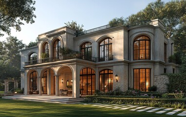 Stately European-style mansion with glowing windows at sunset.