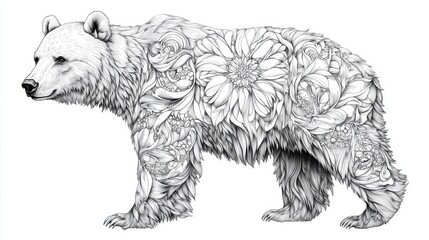 Intricate Black and White Illustration of a Bear with Floral Patterns in Detailed Line Art Style for Creative Design Projects