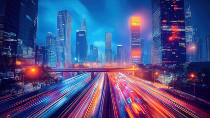 Fototapeta premium Panoramic view of a vibrant mega city with dynamic traffic illuminated at night