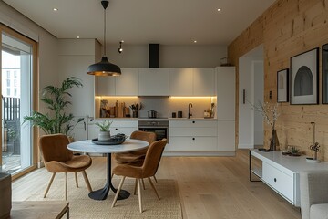 Modern, minimalist kitchen and dining area in a cozy home.
