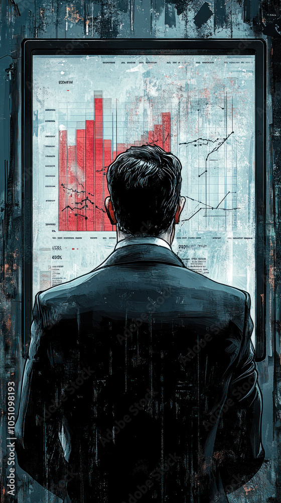 Poster a man in a suit is looking at a computer screen with red lines on it. concept of urgency and importa