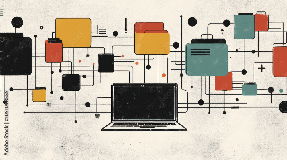 Poster a computer monitor with a bunch of colorful icons on it. the image is a representation of a computer
