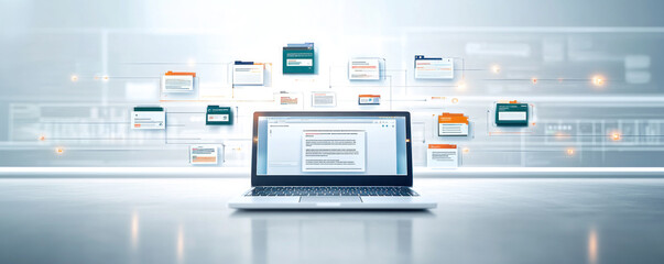 A laptop screen shows a lot of different files and folders. Concept of a busy work environment, with many different tasks and projects to manage. Scene is somewhat chaotic, as the various files