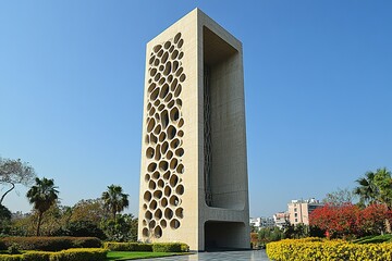 A modern architectural marvel with a unique perforated design.