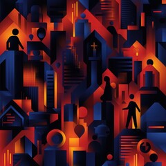 Vibrant Urban Life A Graphic Exploration of Community and Architecture in Colorful Patterns