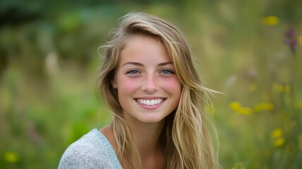 Naklejka premium Cheerful young blonde woman with long hair smiling and looking at while relaxing in a sunny meadow field surrounded by nature.