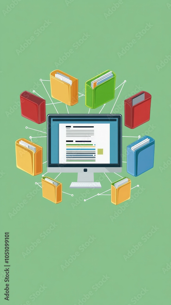 Poster a computer monitor with a bunch of books surrounding it. the books are of different colors and sizes