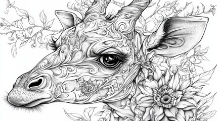 Naklejka premium Intricate Black and White Illustration of a Giraffe with Floral and Swirling Patterns in Detailed Artistic Design