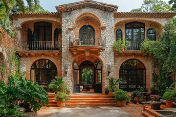 Fototapeta premium A grand stone mansion with lush greenery.