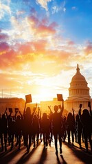 Crowd Protests Against Issues at Sunset Near the Capitol Building in Washington D.C.