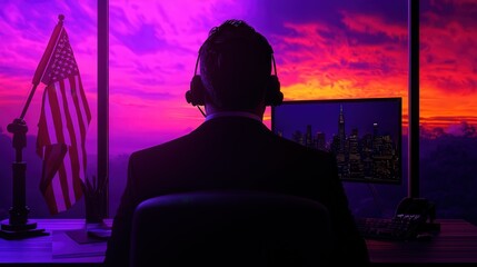 Fototapeta premium Business Professional Overlooking Cityscape at Sunset with Headset and American Flag in Background