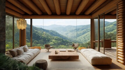 Mountain View Living Room: Tranquil escape in a modern log cabin with breathtaking mountain views. Luxurious comfort meets nature's serenity. 