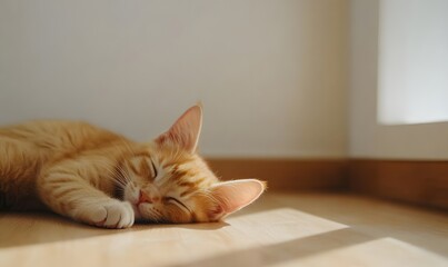 Naklejka premium Cute cat napping on the floor, Generative AI