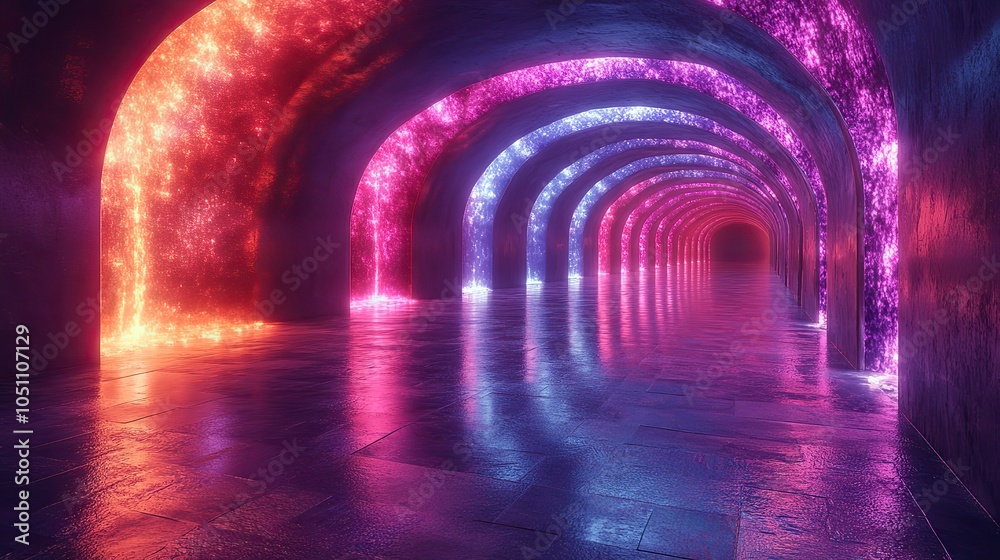 Poster render of dark room with purple and blue neon lines reflected on the floor, creating futuristic spac