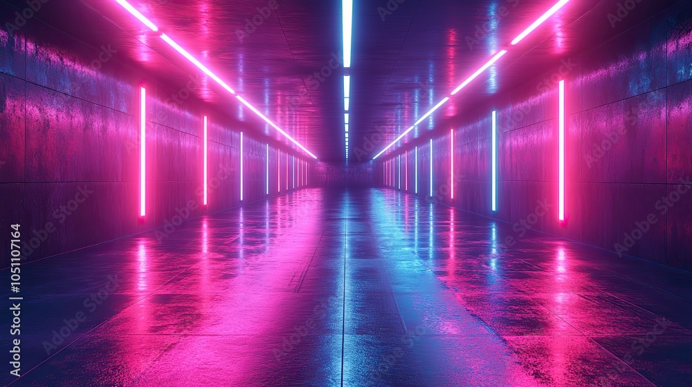 Poster render of dark room with purple and blue neon lines reflected on the floor, creating futuristic space.