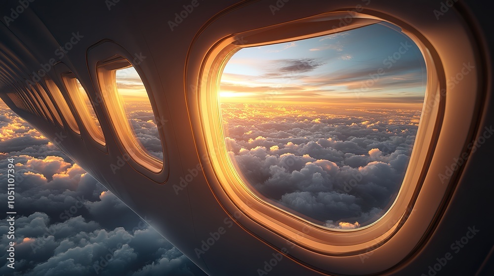 Poster rendering of airplane windows highlighting global travel and tourism.image
