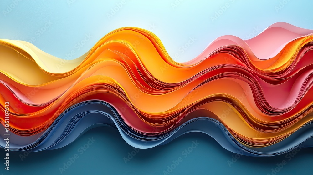 Aufkleber rendering of colorful paper quilling with flowing curved yellow and orange stripes on blue backgroun