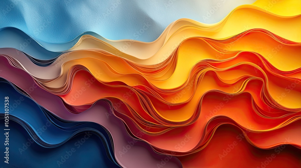 Aufkleber rendering of colorful paper quilling with flowing curved yellow and orange stripes on blue backgroun
