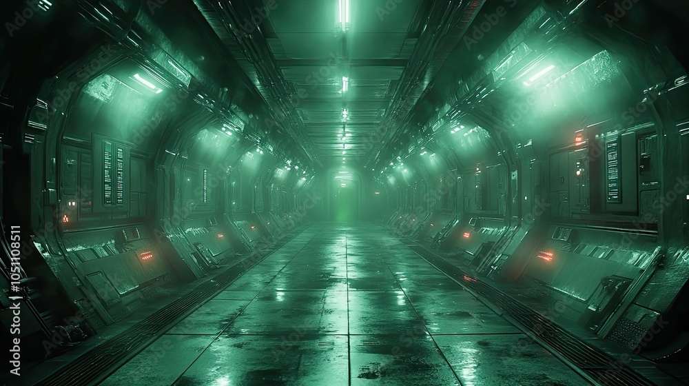 Fototapete rendering of an empty dark futuristic sci-fi hall features illuminated lights and neon light reflecting on the surface for dramatic effect.illustration