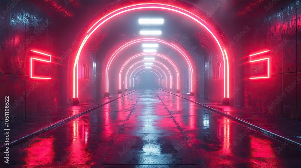 Poster rendering of an empty dark futuristic sci-fi hall features illuminated lights and neon light reflecting on the surface for dramatic effect.image