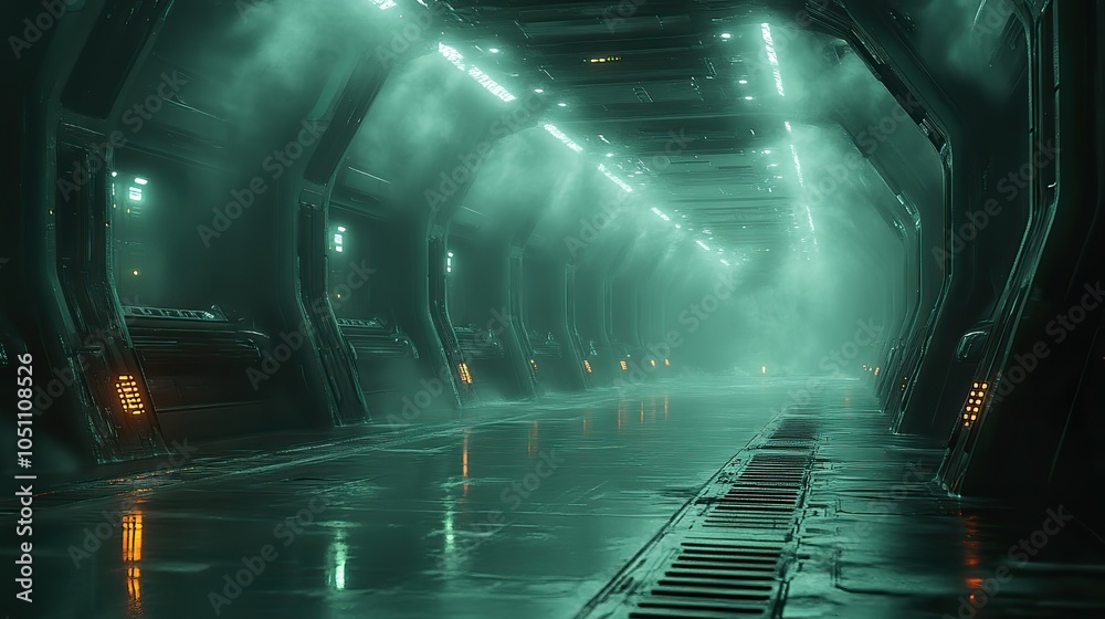 Poster rendering of an empty dark futuristic sci-fi hall features illuminated lights and neon light reflecting on the surface for dramatic effect.stock photo