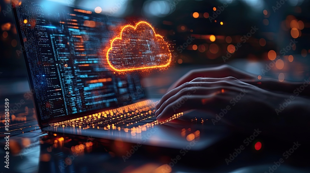 Poster rendering of hands typing on laptop with cloud icon above, representing cloud computing.image