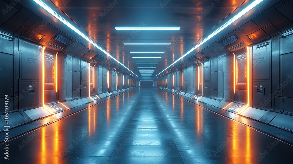 Poster rendered futuristic room with neon light lines reflecting on the floor in dark empty room, ideal for