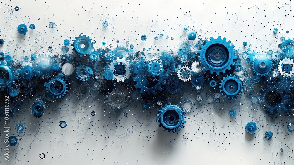 Poster banner featuring blue gears on white background reflects high-tech innovation with space for custom 