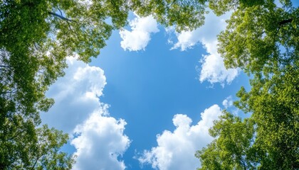 Obraz premium Looking Up Through Trees at Clouds in a Blue Sky