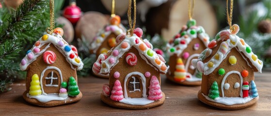 Fototapeta premium Decorated Gingerbread Houses with Candy and Frosting