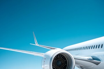 Fototapeta premium A close-up view of an airplane wing and engine against a clear blue sky.