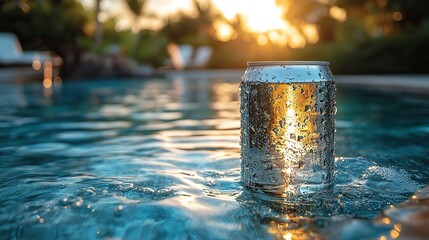 beer can lying beside pool viewed from above, evoking relaxed summer atmosphere.illustration