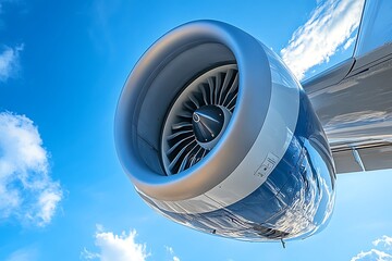 Close-up of a jet engine against a blue sky with clouds.
