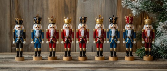A Row of Eight Traditional Wooden Nutcracker Figurines