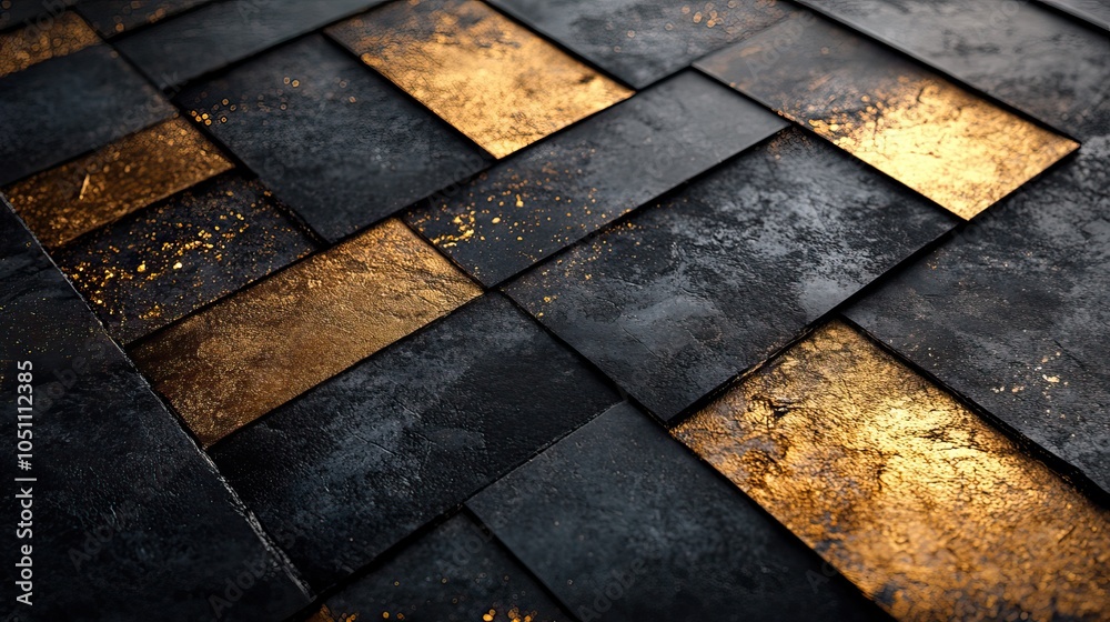 Poster black and gold abstract design featuring geometric shapes and metallic textures, creating luxurious 