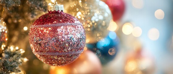 Obraz premium Pink Glitter Christmas Ornament on a Christmas Tree