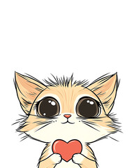 Obraz premium A cute cat is holding a heart in its mouth. The cat is looking at the camera with a smile on its face. Concept of warmth and affection, as the cat is holding a symbol of love