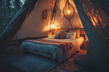 Cozy glamping tent interior with soft bedding, warm lights, and rustic decor, creating a tranquil escape in nature, perfect for relaxation.