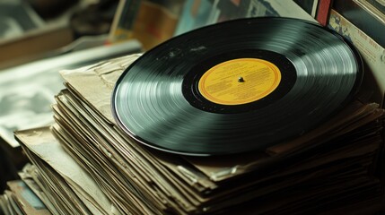 Fototapeta premium A Black Vinyl Record Resting on a Stack of Old Records