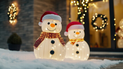 Obraz premium Two snowmen with hats and scarves are standing on a snowy ground. The snowmen are lit up and appear to be smiling