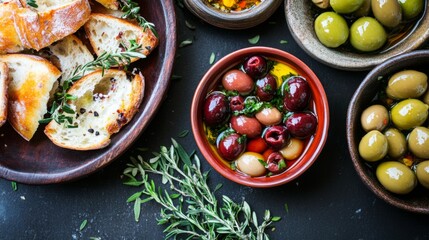 Mixed Olives and Bread on a Minimalist Background