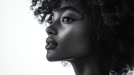 black silhouette of woman with curly hair gazes slightly to the side, set against white background for minimalist portrait.illustration