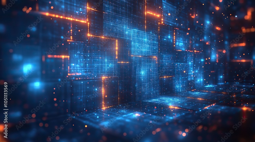 Poster blue abstract background featuring glowing squares, ideal for technology-themed image