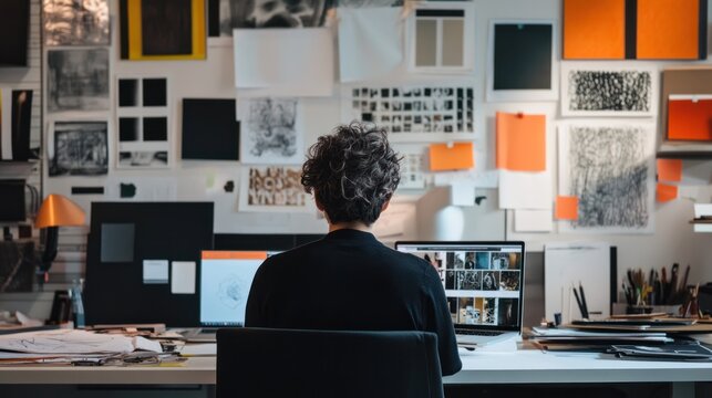 A headhunter reviewing portfolios of creative candidates in a stylish workspace, surrounded by art and design books. - Powered by Adobe
