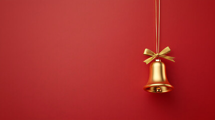 Golden bell ornament with bow on minimal red background, perfect for festive decor