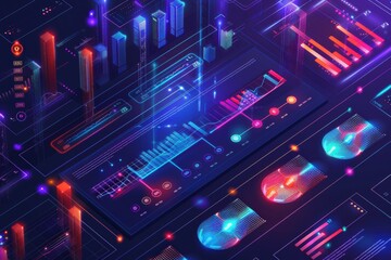 Fototapeta premium An array of glowing purple and blue cubes against a black background, reflecting an advanced and vibrant technological landscape.