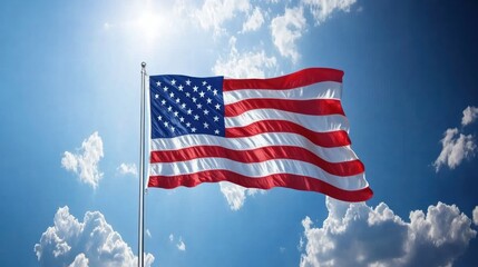 Obraz premium A large American flag waves in the wind against a bright blue sky with white clouds,